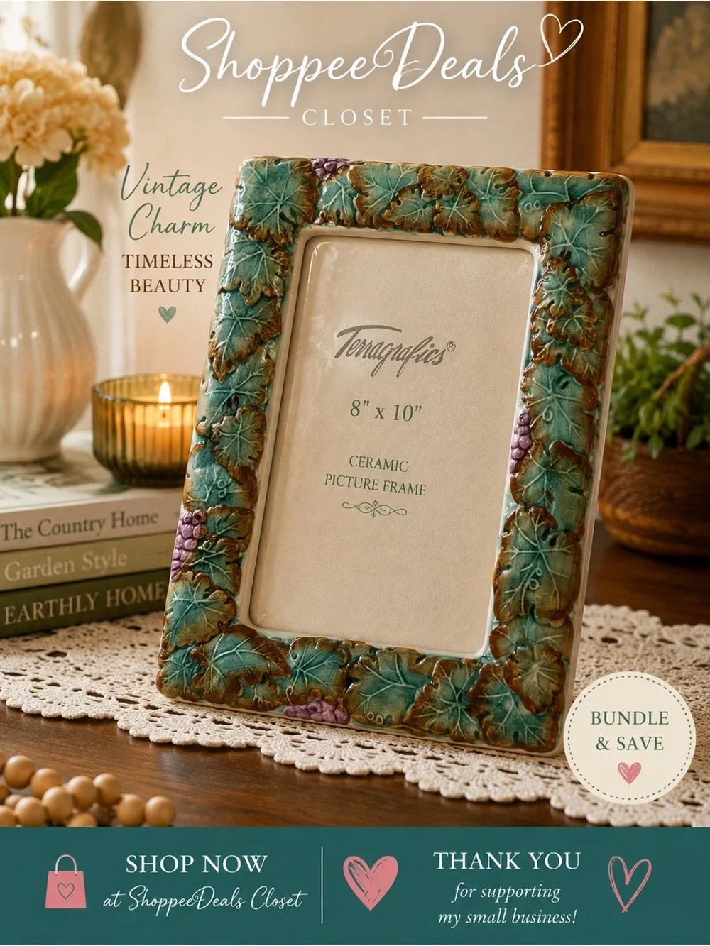 Terragrafics Ceramic Grapevine Picture Frame – Vintage Tabletop Decor